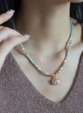 日本Portney Bell原创新中式彩色滴油双面大象天河石串珠项链