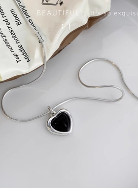 日本portney bells925银爱心黑玛瑙项链女ins小众设计清冷风时髦