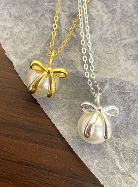 日本portney bells925银蝴蝶结珍珠项链ins小众轻奢风甜美气质