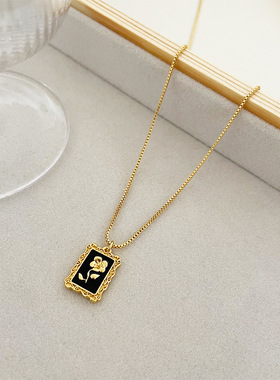 日本Portney Bell新款复古黑色滴油花朵女士项链简约时尚高级