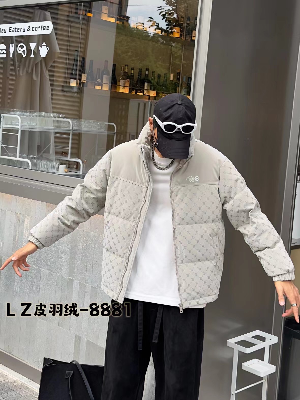 小洋皮羽绒服男2023冬季新款立领夹克菱形满印拼接高品潮牌外套