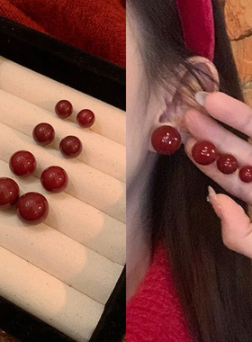 秋冬红豆珍珠耳环女红色爱心耳扣