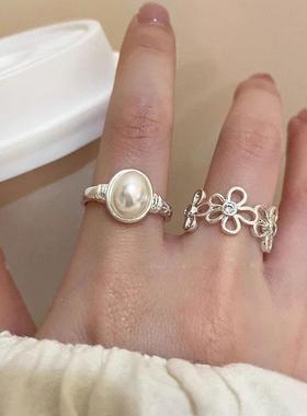开口可调节珍珠花朵食指戒高级感