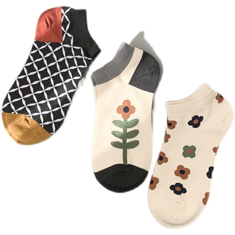 复古小花袜子女ins潮百搭短筒袜纯棉春夏季薄款文艺船袜低腰浅口. - 图3