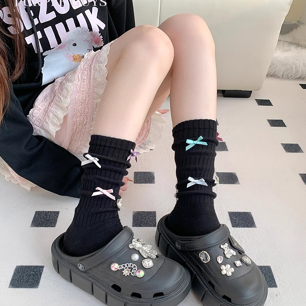 蝴蝶结袜子女小腿袜纯棉堆堆袜Lolita洛丽塔jk秋冬季白色中筒长袜 - 图3