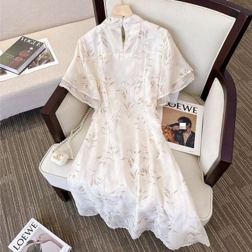 Зеленое летнее ципао, платье, 2024 года, короткий рукав, в цветочек