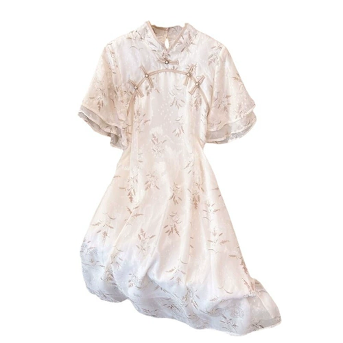 Зеленое летнее ципао, платье, 2024 года, короткий рукав, в цветочек