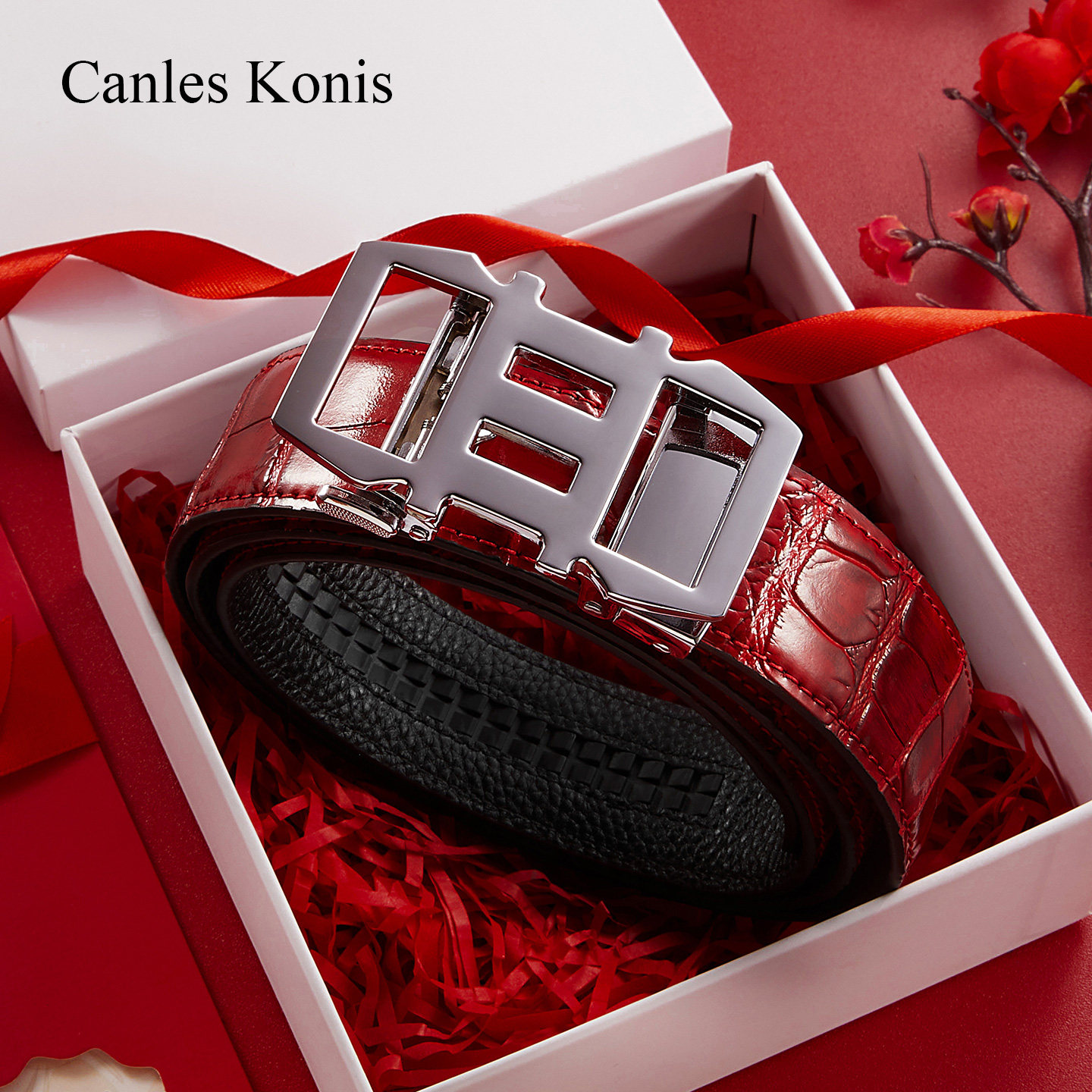 生日礼物官网小c&k旗舰店自动扣男士皮带男款真皮红色裤腰带男潮 - 图1