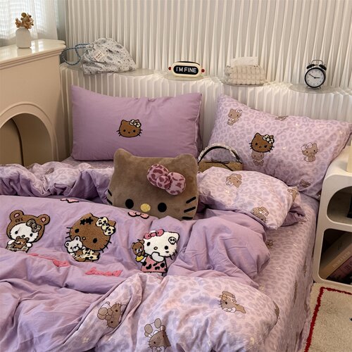 紫色豹纹ins少女心可爱猫咪毛巾绣水洗棉四件套床单三件套床笠1.8 - 图3