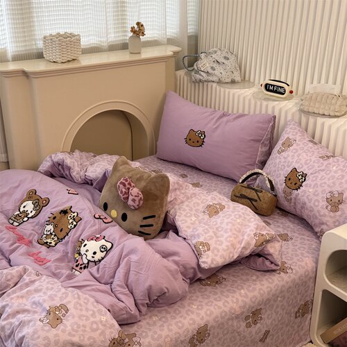 紫色豹纹ins少女心可爱猫咪毛巾绣水洗棉四件套床单三件套床笠1.8 - 图1
