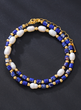 高档轻奢天然淡水珍珠青金石项链独特气质设计感女颈链