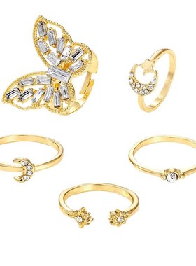 Output Geometric Joint Alloy Ring Set with Diamondencrusted