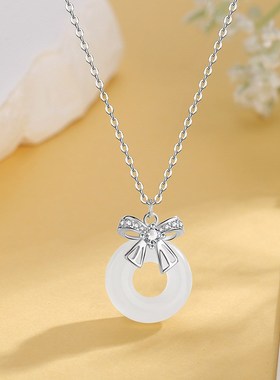 Natural White Chalcedony Peace Buckle Bowknot Necklace Simpl