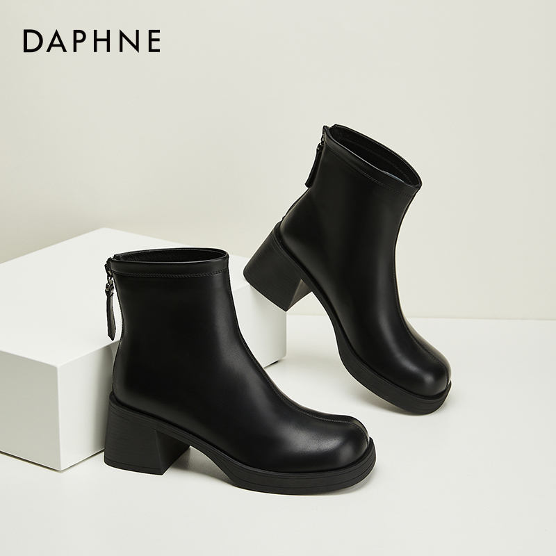 Daphne达芙妮 ~黑色马丁靴女款2023新款秋季粗跟中跟瘦瘦短靴单靴