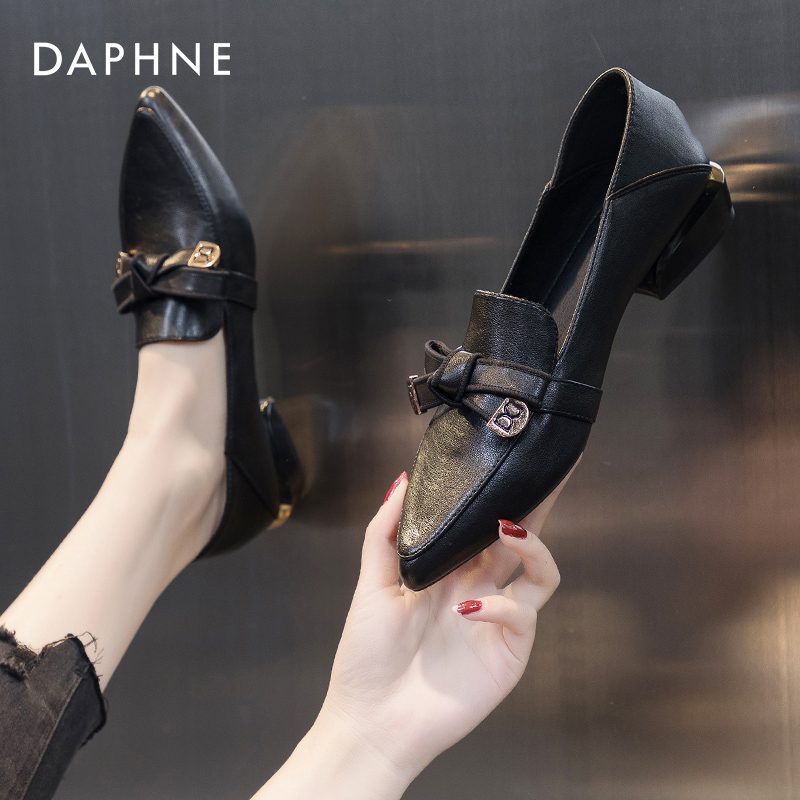 Daphne达芙妮 小个子穿搭~尖头平底单鞋女软底一脚蹬黑色粗跟单鞋 - 图1