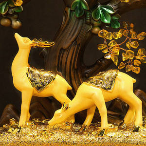 聚善缘路路发财黄水晶发财树摆件家居客厅酒柜装饰招财鹿搬新家乔