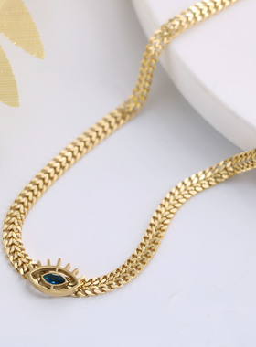 英国chrry koop小众设计锁骨链椭圆形眼睛吊坠深蓝色钻恶魔之眼