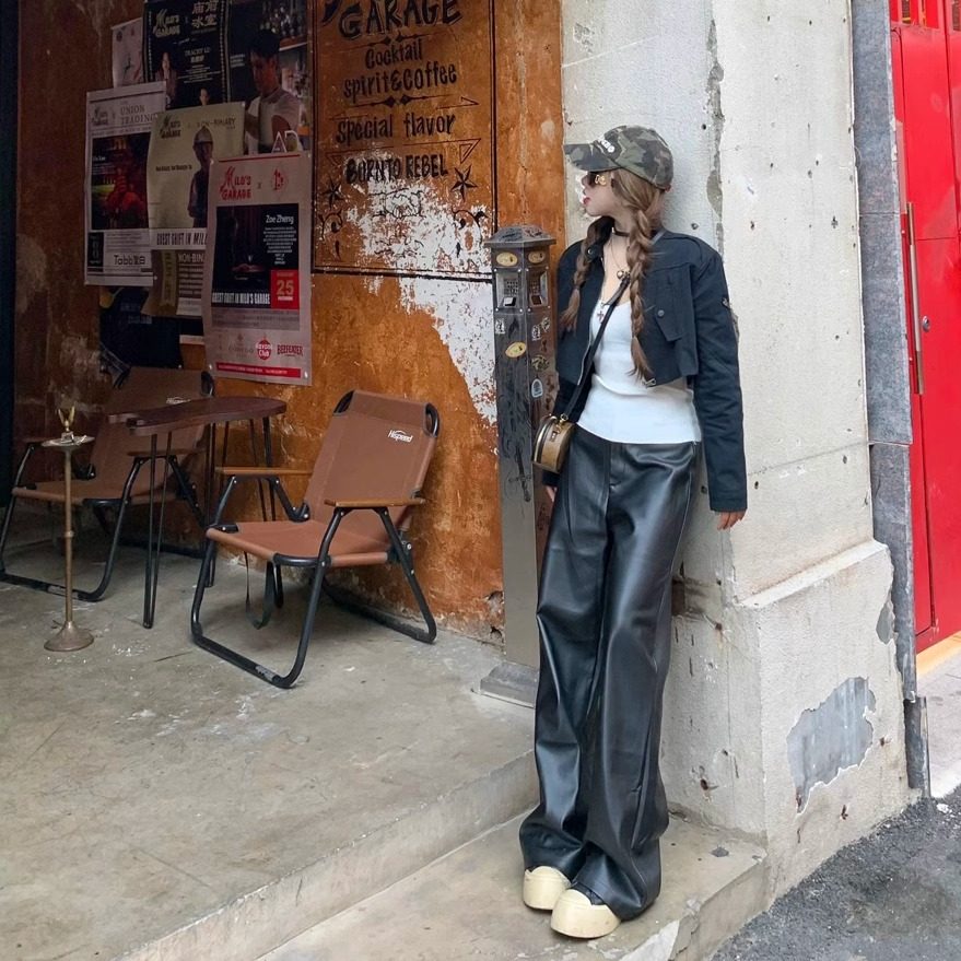 罗诚意【超模比例裤】秋季黑色直筒PU皮裤女宽松显瘦休闲百搭长裤,淘宝优惠券,粉丝福利购,淘宝优惠卷