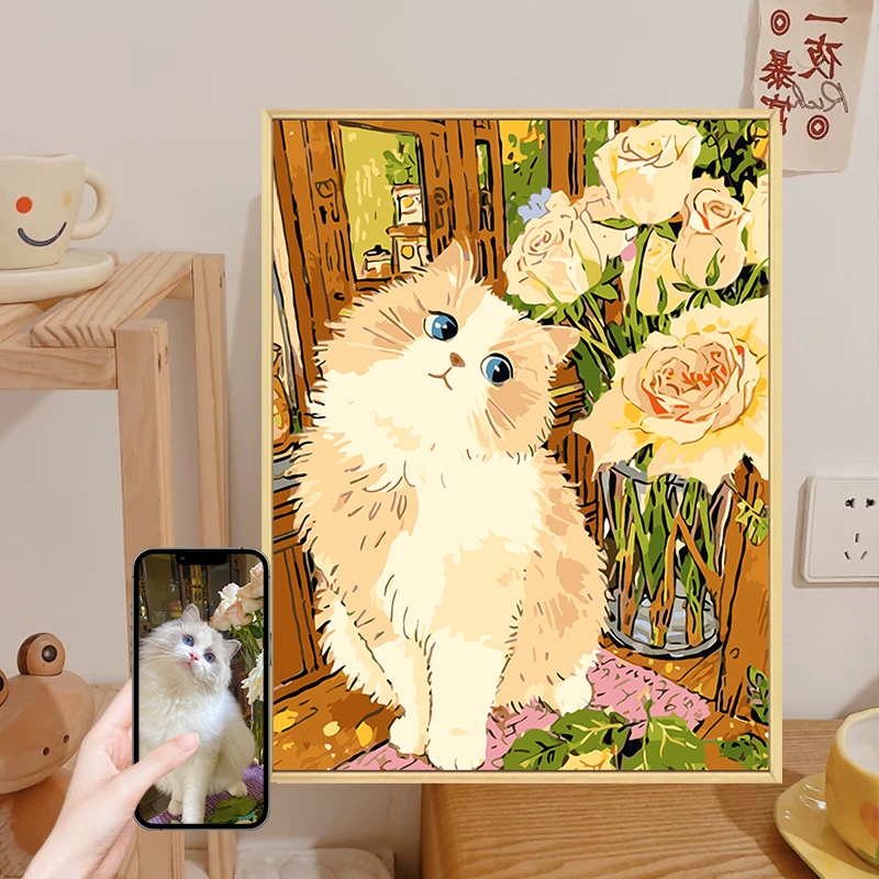 宠物照片定制卡通数字油画diy填充色手工绘猫咪狗狗丙烯画装饰画