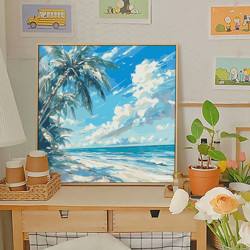 夏日海边风景数字油画diy填充填色手工绘大海丙烯画油彩画装饰画