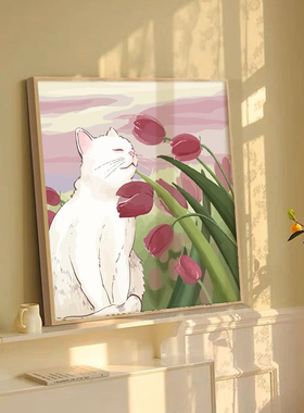 diy数字油画郁金香猫咪装饰画