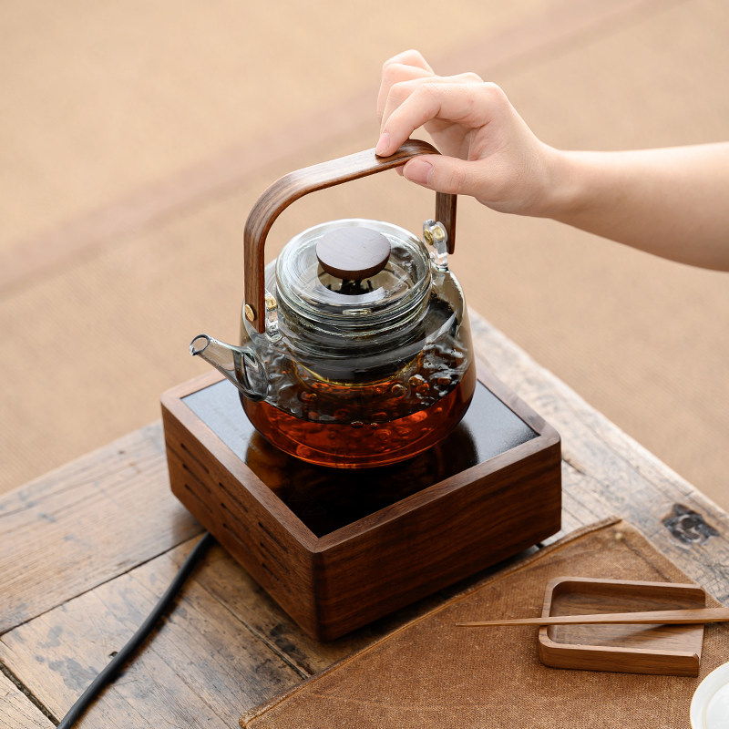 胡桃木电陶炉煮茶器电热煮茶炉耐热玻璃烧水壶蒸茶器光波围炉整套