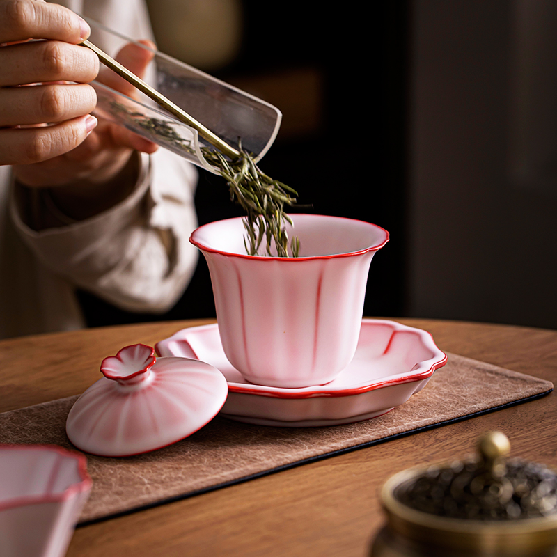 猪油冻汝窑开片三才盖碗粉个人女泡茶碗茶盏轻奢高档陶瓷功夫茶具-图0