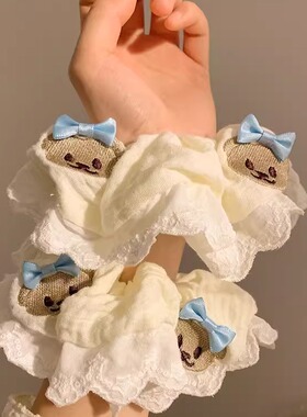 可爱小熊蓝色蝴蝶结蕾丝大肠发圈女韩系温柔大号发绳头绳发饰头饰
