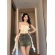 Seven-point candy retro blue denim skirt hot girl anti-exposure high-waisted slim A-line skirt