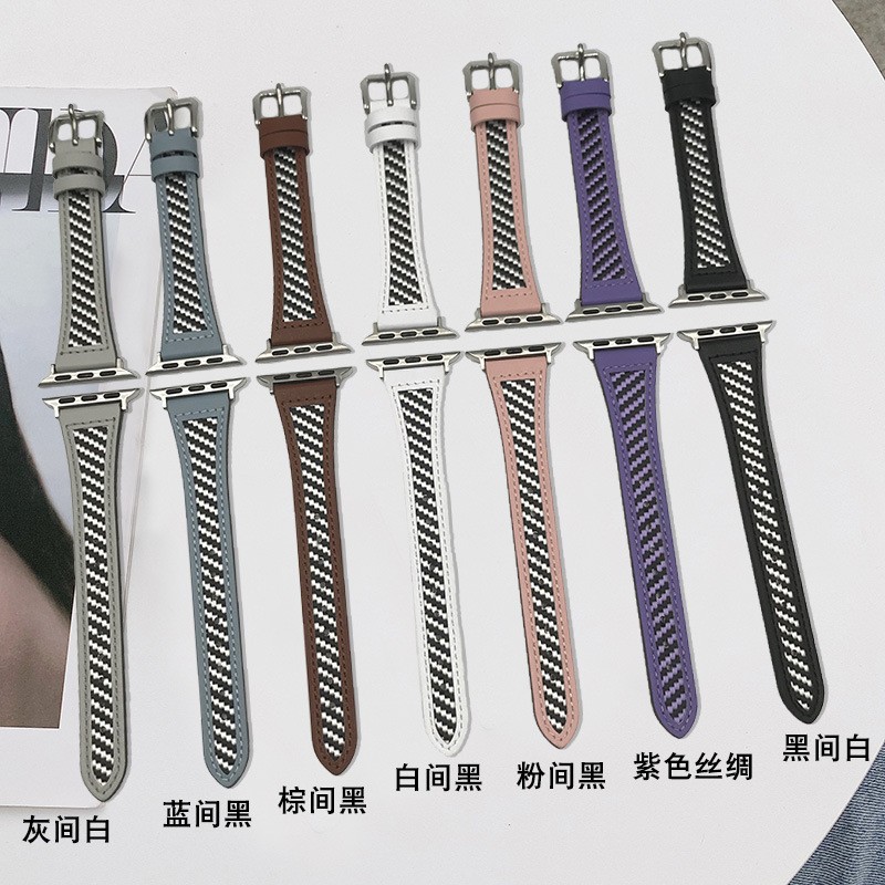 适用iwatch 8表带拼色s8皮质ultra苹果s7手表表带皮质applewatch手表带女款时尚高级感小众44mm49 - 图0