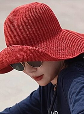 手工细钩针渔夫帽子女夏季海边出游大檐遮阳帽百搭可折叠防晒草帽