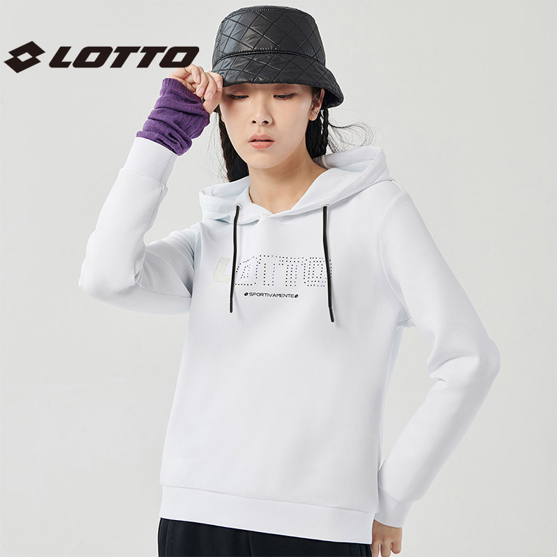 LOTTO乐途秋冬连帽套头卫衣女简约经典百搭款黑色美式街头运动装