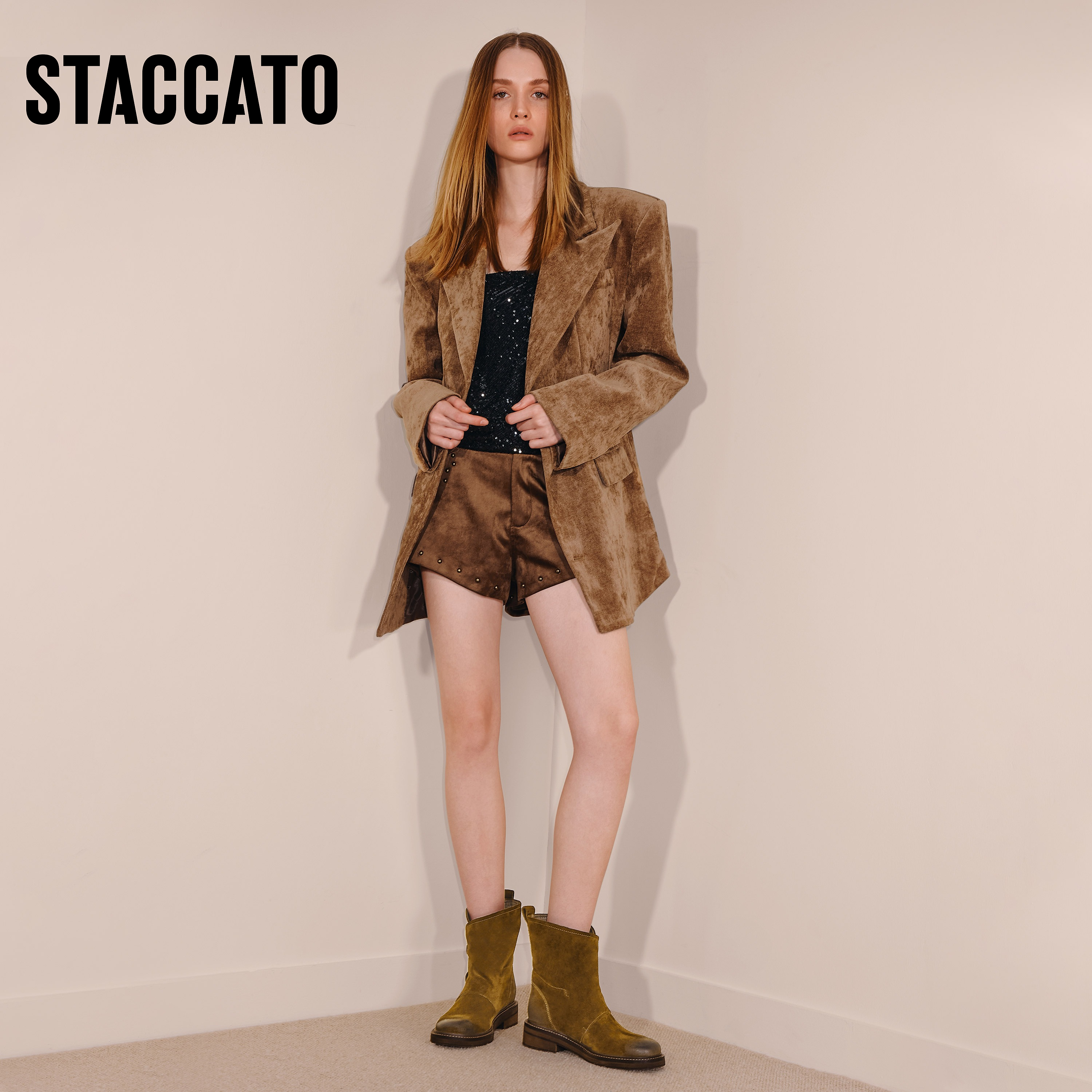 思加图2025冬季新款复古西部靴牛仔靴中靴时装靴粗跟女靴C0085DZ5 - 图1