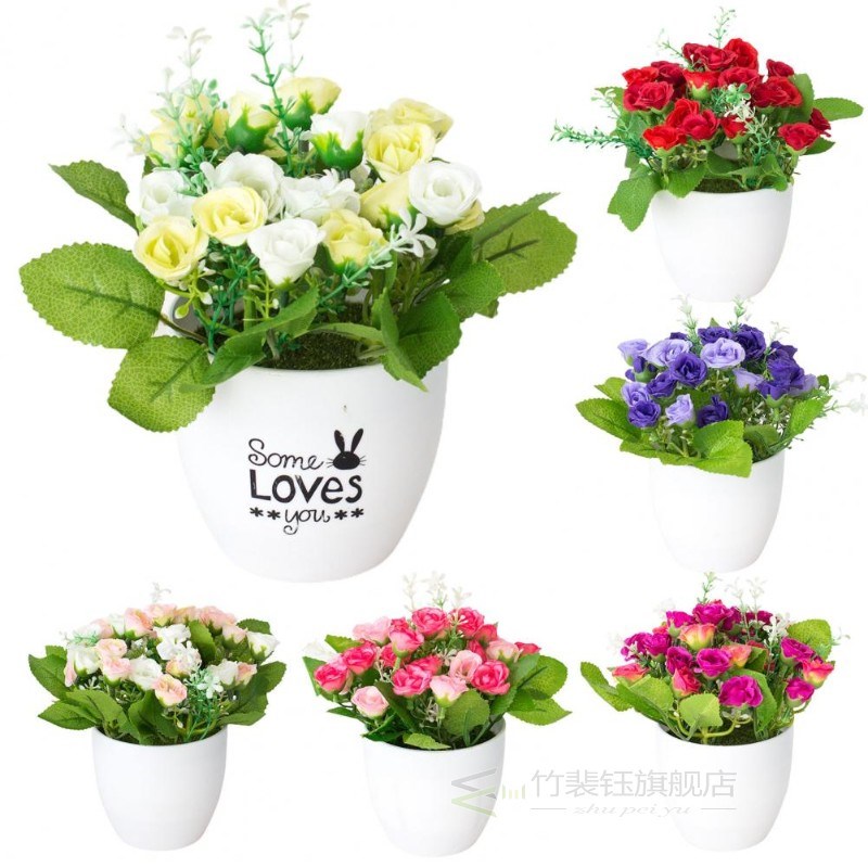 Artificial Rose Fake Flower Bonsai Potted Ornament Home Cafe - 图3