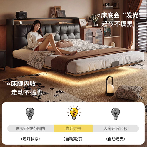 铁艺悬浮床加厚碳素钢床架意式轻奢主卧软包床头洞洞板双人储物床 - 图2