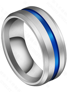 现货直销时尚热卖经典双色戒指8mm拉丝彩色凹槽钛钢戒指男女指环