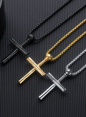 欧美时尚配饰 男士不锈钢十字架项链 棒球吊坠 钛钢运动潮男饰品