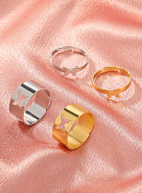 欧美跨境新品蝴蝶戒指套装ins复古创意金属几何镂空指环2件套情侣