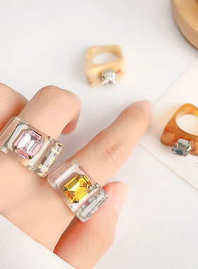 韩国东大门彩色水钻不规则方形食指戒透明亚克力戒指宽边装饰指环