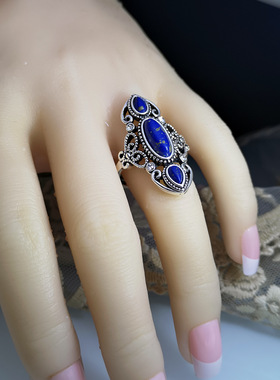 维多利亚时代925复古绿松石戒指 欧美创意镂空雕花青金石戒指