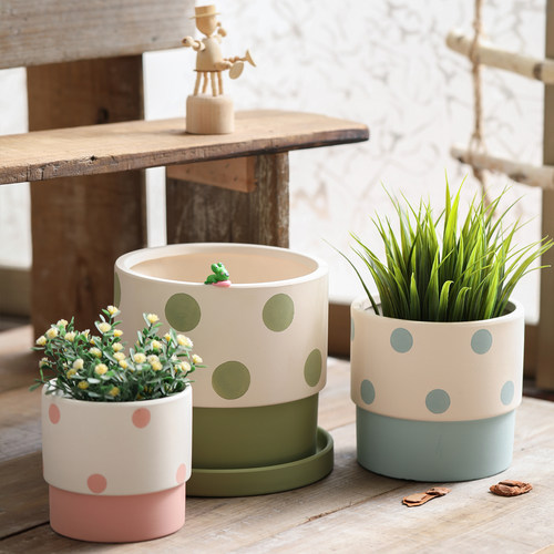 圆形彩绘波点花朵素烧陶瓷花盆透气陶土有孔带托盘种盆栽多肉小树 - 图2