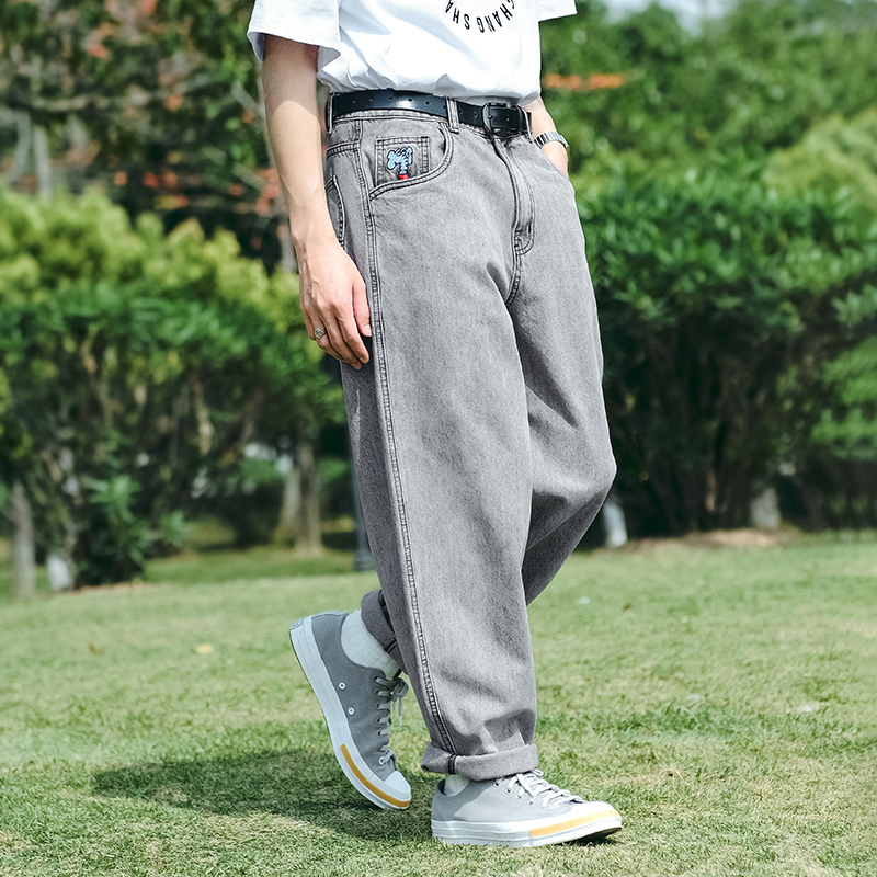 MindError 美式复古做旧水洗刺绣宽松直筒休闲潮牌男女牛仔长裤子