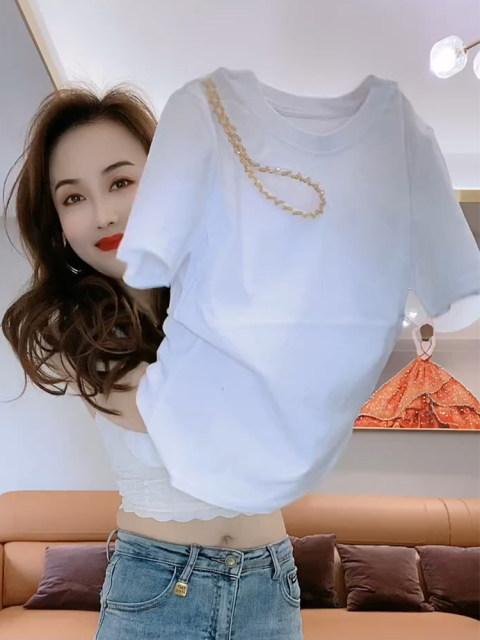 2023 new summer design hollow casual short-sleeved cotton T-shirt women's slim slim fashion simple top