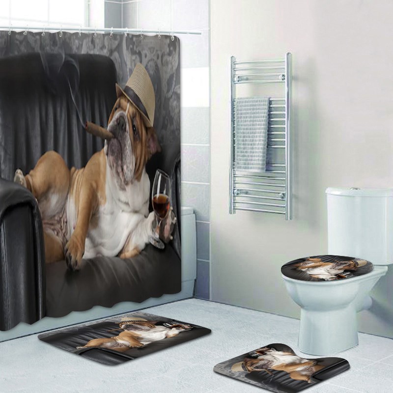 3D Shower Curtain Funny English Bulldog Bathroom Curtain Se-图1