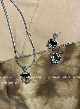 黑色平安锁项链耳环平安锁