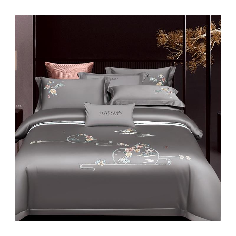 日本购全棉结婚庆床上被套四件套床单式纯棉紫色粉红色刺绣中式床