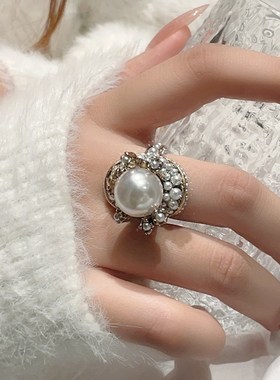 极繁主义 法式复古珍珠花朵戒指气质夸张食指戒优雅指环配饰女
