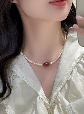 国潮新中式红色吊坠珍珠项链法式气质高级感颈链锁骨链气质时尚女
