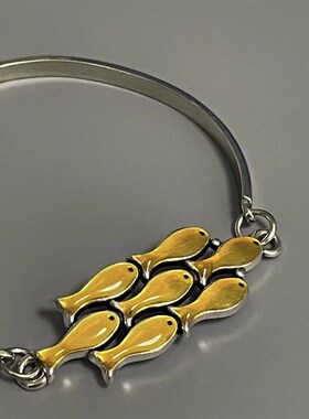 新中式复古金蓝色小鱼半镯拼接手链女轻奢小众精致手镯高级感手饰