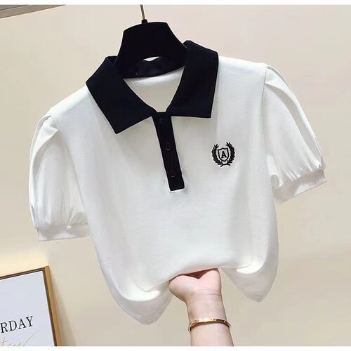 女童polo领短袖T恤2025新款夏季小衫中大童泡泡袖设计感小众上衣 - 图1